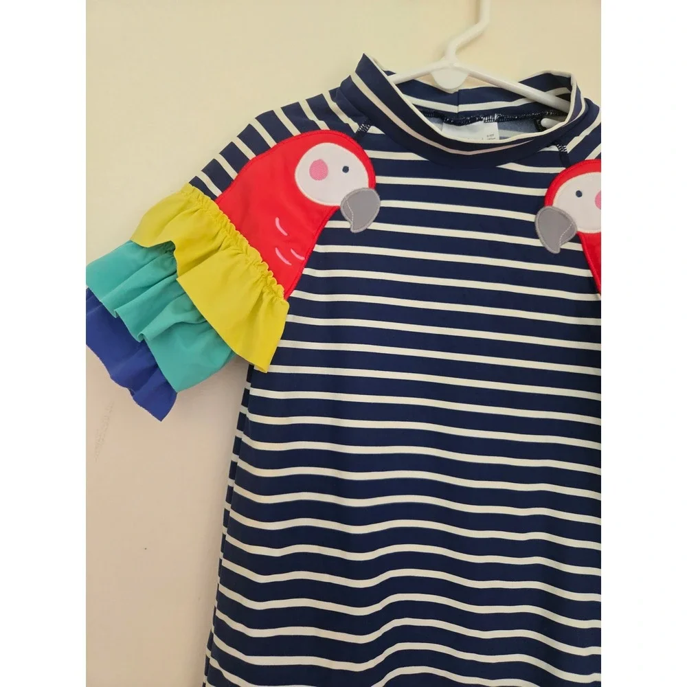 Mini Boden Girls Parrot Ruffle Rash Guard Swimsuit Set Navy Stripe 9-10Y 140cm